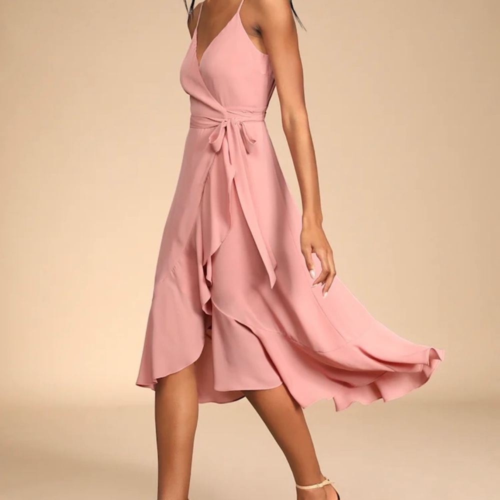 NWT Lulu's Manhattan Moment Ruffled Blush High Low Wrap Midi Dress Size S